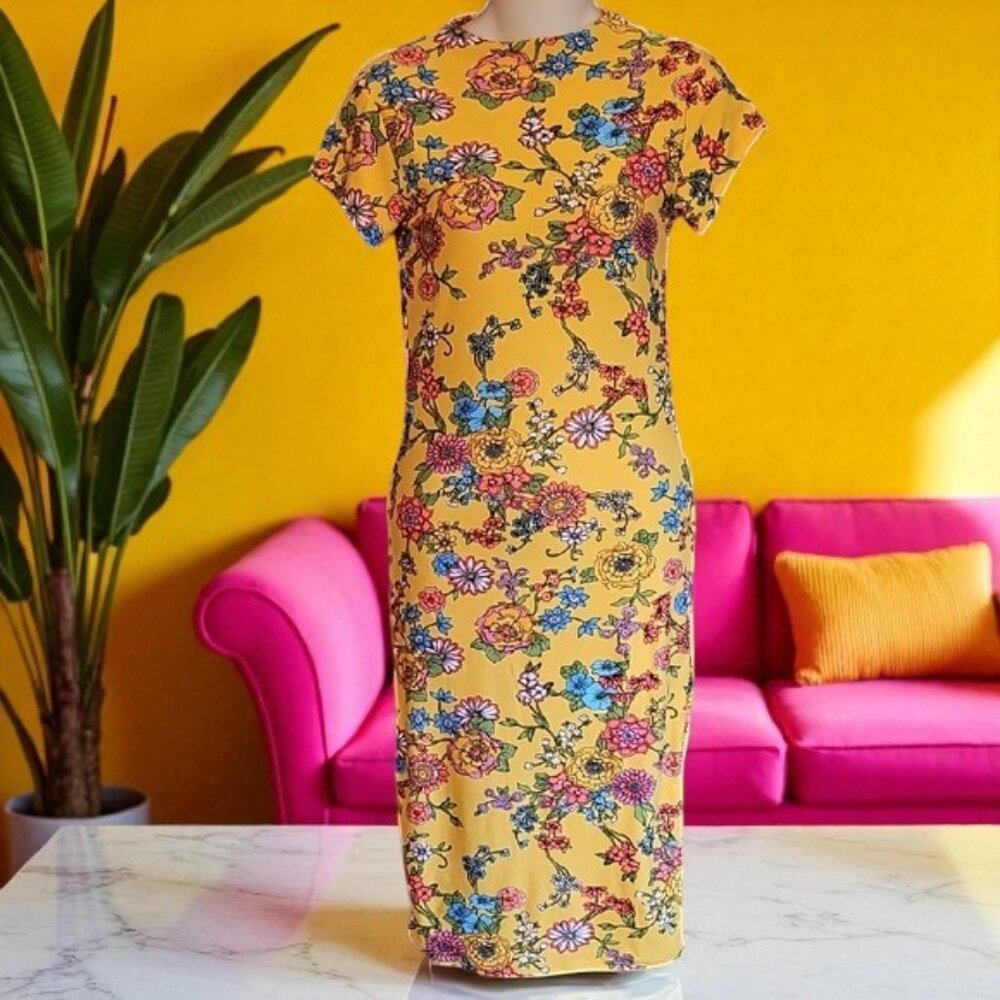 Love Yellow Sheath Midi Dress Casual Crew Neck buttery soft stretch